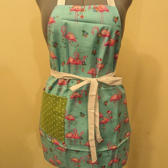 NWT Handmade Reversible Apron - Christmas flamingos and dots - One Size - Picture 1 of 4